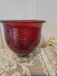 Nice Vintage Art Glass Pedestal Bowl / Vessel Red With Gold Flake