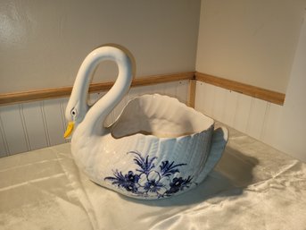 Large Vintage Ceramic Swan Planter Blue And White