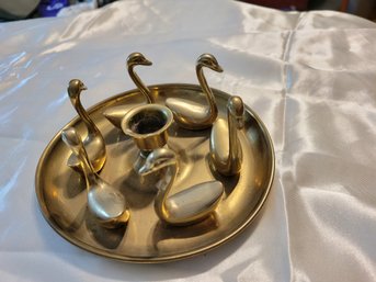 Vintage Heavy Brass Candle Holder Centerpiece With Circle Of Swans