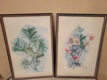 Pretty Pair Of 1995 Artist Pencil Signed Watercolor Botanical Framed Prints