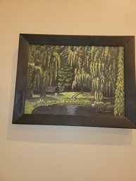 Vintage Framed Oil On Canvas Very Pretty Pond Park Scene Artist Signed E. Storm