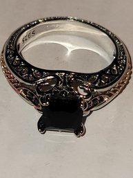 Beautiful Sterling Silver Filigree Ring High Mount Solitaire  Faceted Black Stone Rose Gold Hearts