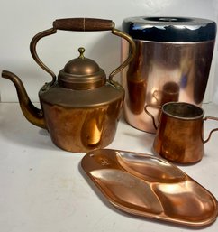 Copper Kettle Made In Italy, 2 Handle Made In Mexico, West Bend Canister, Tray