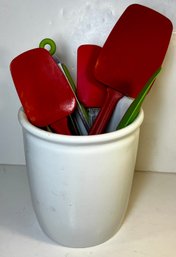 White Home Crock And Red & Green Kitch Utensils