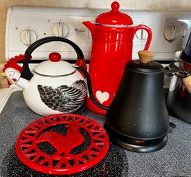 Rooster Tea Kettle, Trivet, Heart Thermos & Bodum  Water Kettle