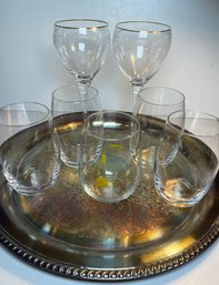 Wine Glasses & Silver Plate Round Tray