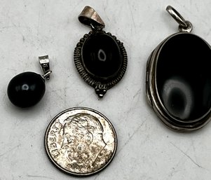 925 Sterling Onyx Inlay Locket & 2 Other