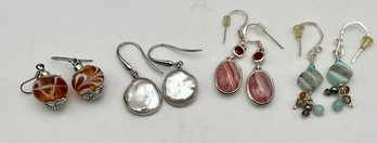 Pierced Earrings Lot Sterling Rhodochrosite, Pearl, Agate
