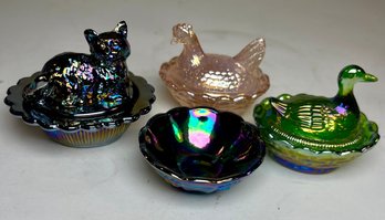 Miniature Carnival Glass Duck, Hen & Cat On Nest  Boyd Art Glass & Mosser