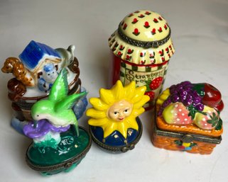 Lot Of 5 Hinged Trinket Boxes- Sun, Noahs Ark, Hummingbird, Fruit Basket