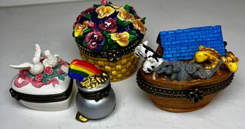 Lot Of 4  Hinged Trinket Boxes- Pot Of Gold, Love Birds, Noah Ark, Flower Basket