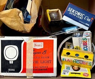 Vintage Camera Flash Bulbs, MAgic Cubes, Movie Light And Guage