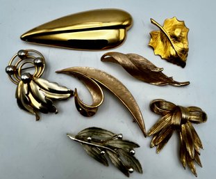 Gold Tone Leaf Pin Lot - Trifari & Other