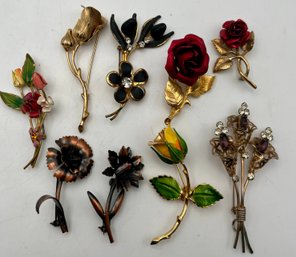 9 Vintage Stem Flower Pins