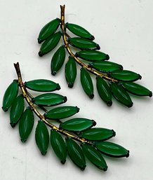 Pair Of Two Green Glass Leaf Pins
