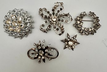 Silver Tone Rhinestone Pin Lot (5)