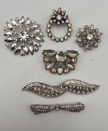 Silver Tone Rhinestone Pins Lot Of (6)
