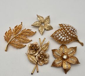 Vintage Gold Tone Floral Leaf Pin Lot