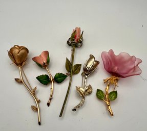 Gold Tone Roses Long Stem Pins Lot Of 6