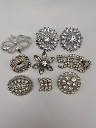 Silver Tone Rhinestone Pin Lot Of 9