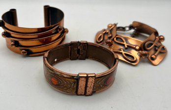 Vintage Copper Bracelets Lot Cuff, Link And Hinged Clamp