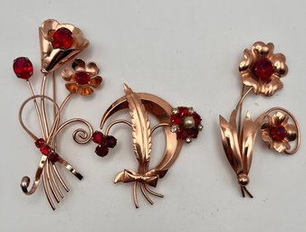 Vintage Rose Gold Tone With Red Stone Pins