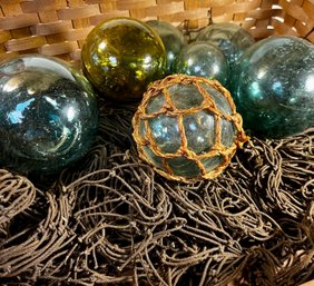 Vintage Float Balls And Net In Basket