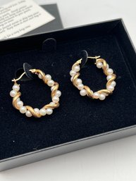 10K Gold & Pearl Pierced Hoop Earrings