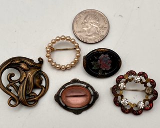 5 Antique Pins -art Nouveau Face  Other