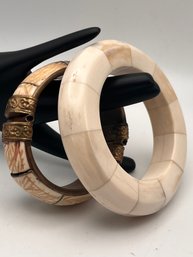 Vintage Carved Bone Hinged Bangle And Bone Bangle