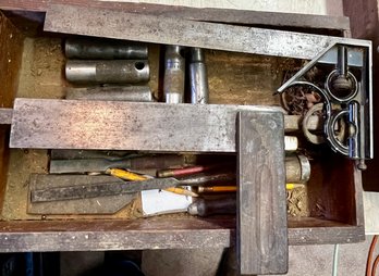 Antique Vintage Tools In Old Wood Four Section Box