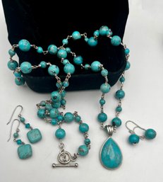 925 Sterling Turquoise Necklace & 2 Pair Earrings
