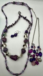 Purples & Silver Tone Necklace & Earrings Lot