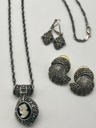 925/sterling Marcasite Cameo Necklace & Marcasite  Earrings