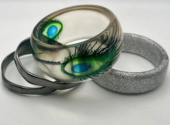 (4) Bangle Bracelets- 1960s Peacock Feather