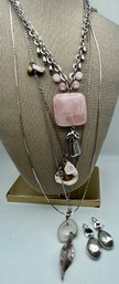 Silver Tone 3 Necklaces 1 Chain & Pair Of Earrings