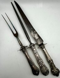 3  Serving Pieces Ornate Handle- Knife, Sharpener, Fork