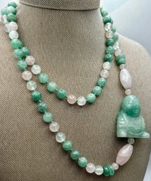 Vintage Jade & Rose Quartz Beaded Necklace With Carved Buddha