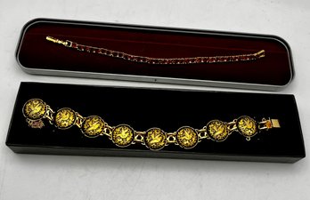 Gold Tone Damascene Link Bird & Flower, Gold Tone Red Stone Bracelets