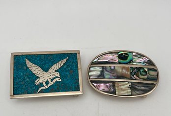 Two Vintage Belt Buckles - Turquoise - MOP