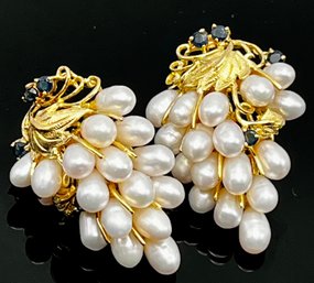 14k Yellow Gold Grape Cluster Pearl & Sapphires Pierced Earrings