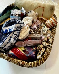 Vintage Basket  Filled With Lace, Bric-a-brac, Sewing Items