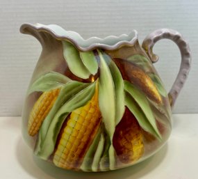Beautiful Hand Painted Signed Corn Design Pitcher