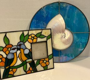 Stained Glass Birds & Floral Frame And Stained Glass With Shell