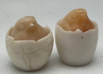 Two Vintage Polished Carved Stone Chick Hatchling Trinket Containers