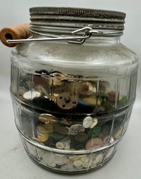 Large Old Jar With Handle Filled With Vintage  Buttons
