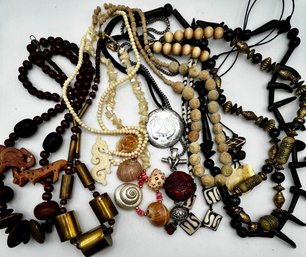 11 Necklaces Wood, Shell, Bone, Brass