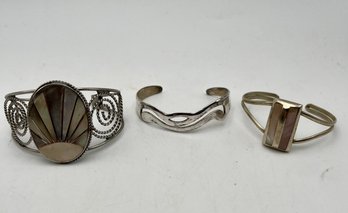 3 Vintage Cuff Bracelets - Mop Inlay & Plain