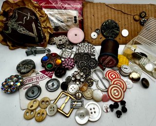Mixed Sewing Lot Buttons Bobbins Tape Measure Pin Cushion