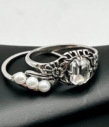 Two Sterling Rings Pearls & Diamonds